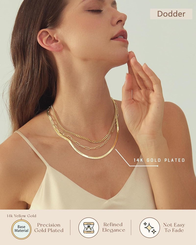 Dodder Store Gold Layered Necklaces for Women, 14K Gold Plated Dainty Gold Chain Choker Necklace Stack, Herringbone Gold Necklaces Set - Image 3